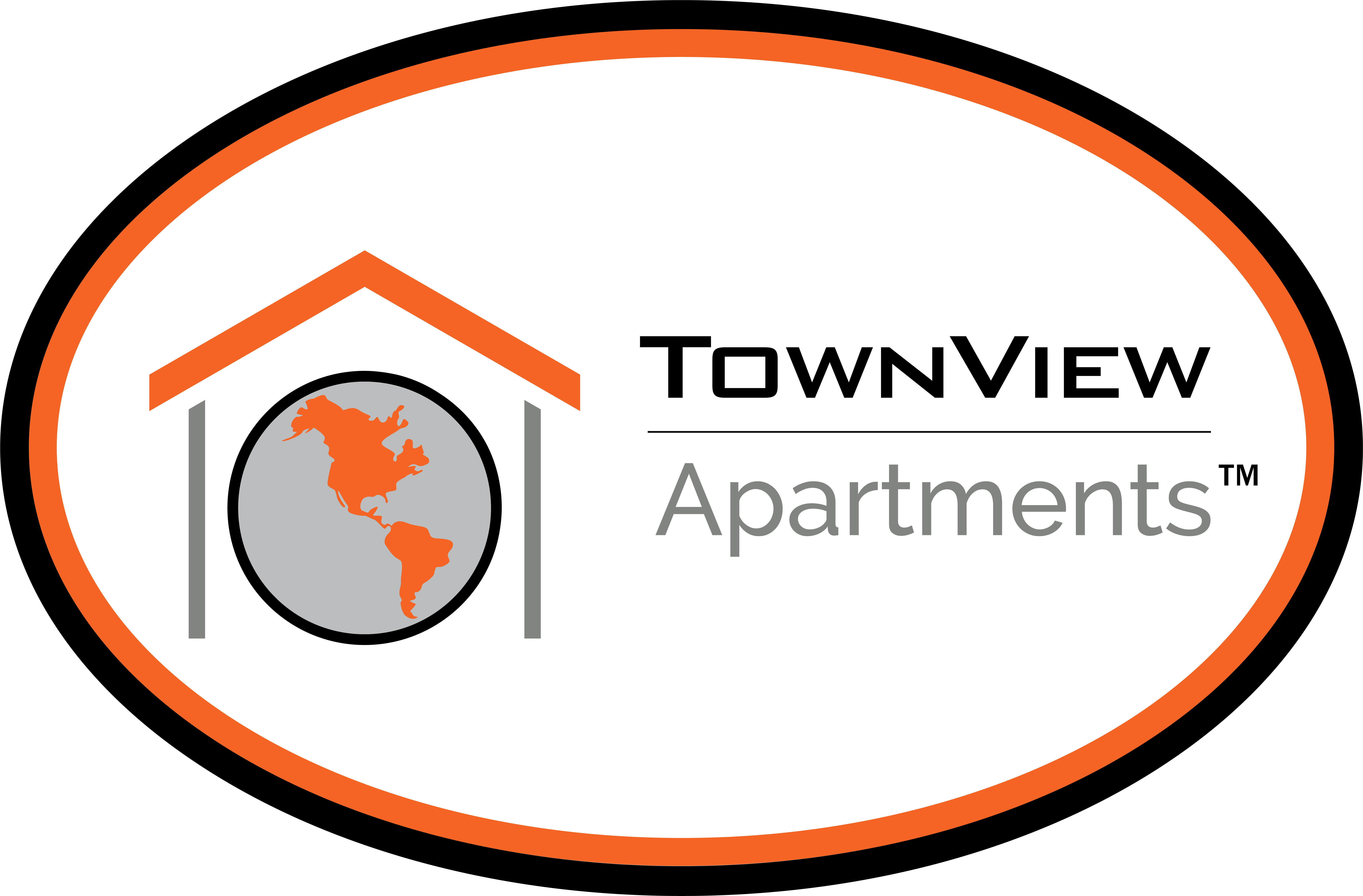 A logo for TownView Apartments featuring a house and a globe.